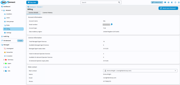 Billing page of 247connect showing account, licence and primary contact.  Sidebar shows Account > Billing is selected.